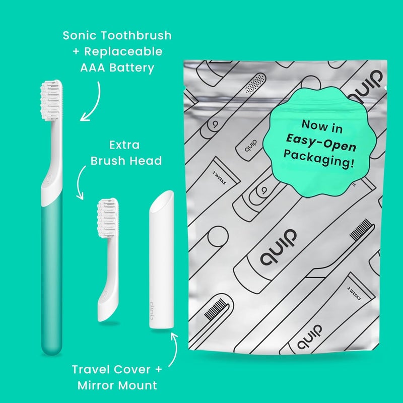 quip Sonic Toothbrush for Adults with Timer - Includes Extra Brush Head and Travel Cover Mount - Electric, Soft Bristle Refill Head, Plastic Handle, 3 Month Battery Life - Travel Toothbrush - Green - Image 2